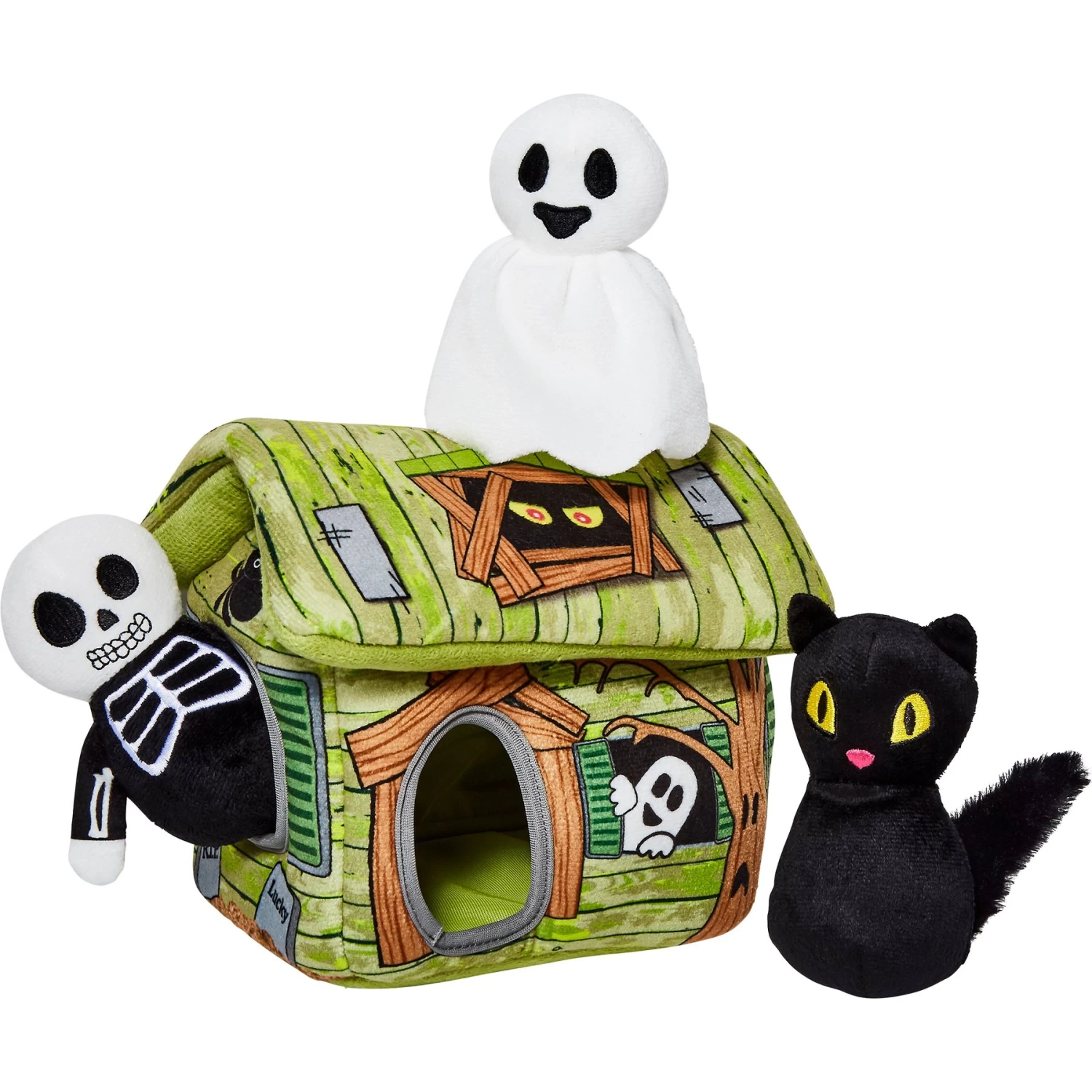Frisco Halloween Haunted Shack Hide & Seek Puzzle Plush Squeaky Dog Toy 1 Frisco Halloween Haunted Shack Hide & Seek Puzzle Plush Squeaky Dog Toy