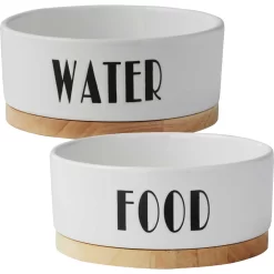Frisco Ceramic Water Dog & Cat Bowl With Wood Base & Frisco Ceramic Food Dog & Cat Bowl With Wood Base
