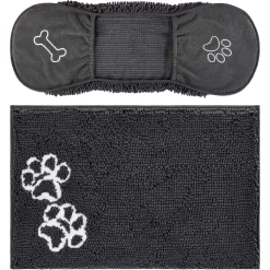 Frisco Microfiber Chenille Shammy Towel & Frisco Microfiber Chenille Paw Print Dog & Cat Mat, Dark Gray