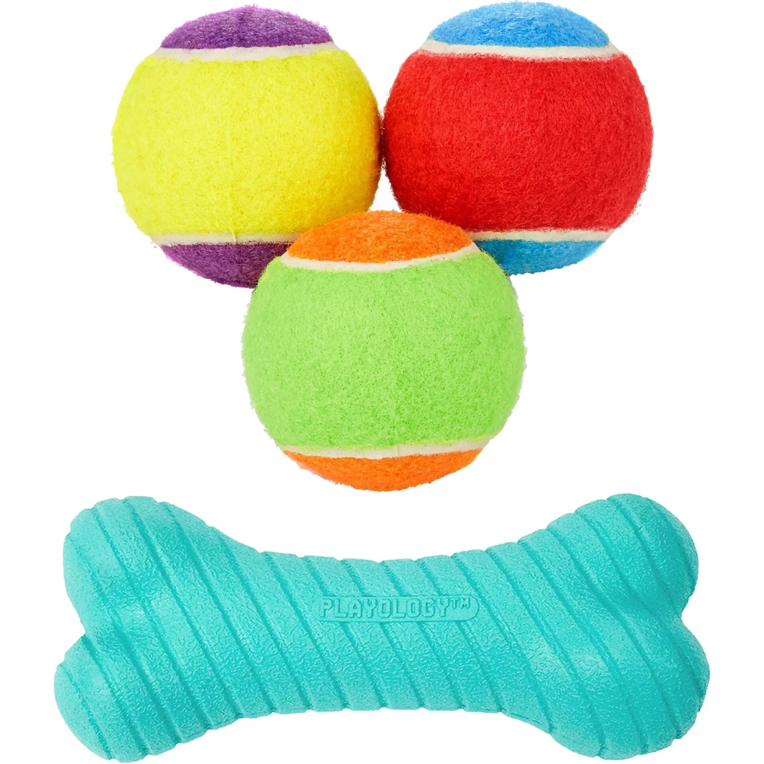 Frisco Fetch Squeaking Colorful Tennis Ball Dog Toy & Playology Scented Dual Layer Bone Dog Toy 1 Frisco Fetch Squeaking Colorful Tennis Ball Dog Toy & Playology Scented Dual Layer Bone Dog Toy