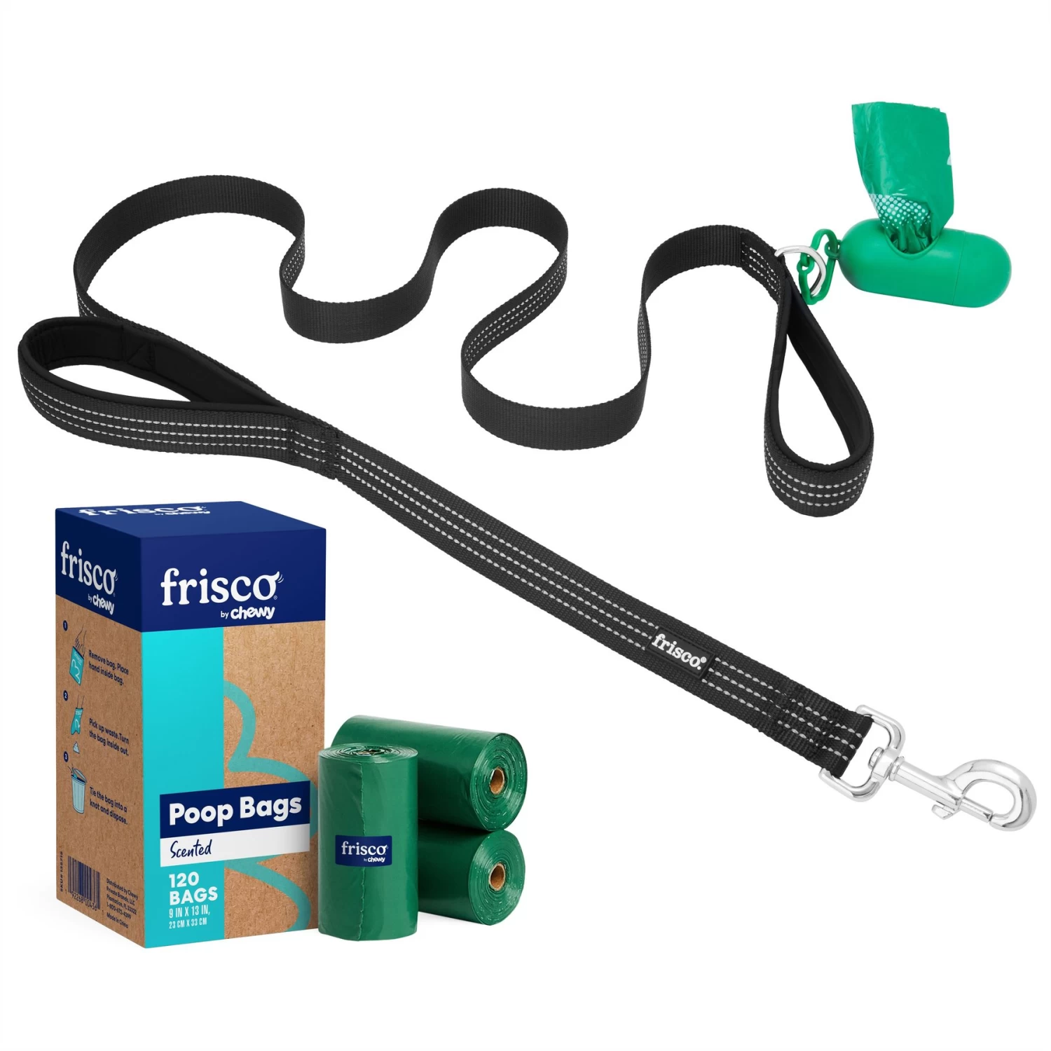 Frisco Traffic Leash With Padded Handles & Poop Bag Dispenser & Frisco Refill Dog Poop Bags Made With 50% Recycled Packaging 1 Frisco Traffic Leash With Padded Handles & Poop Bag Dispenser & Frisco Refill Dog Poop Bags Made With 50% Recycled Packaging
