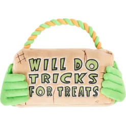 Frisco Halloween "Will Do Tricks For Treats" Sign Plush With Rope Squeaky Dog Toy