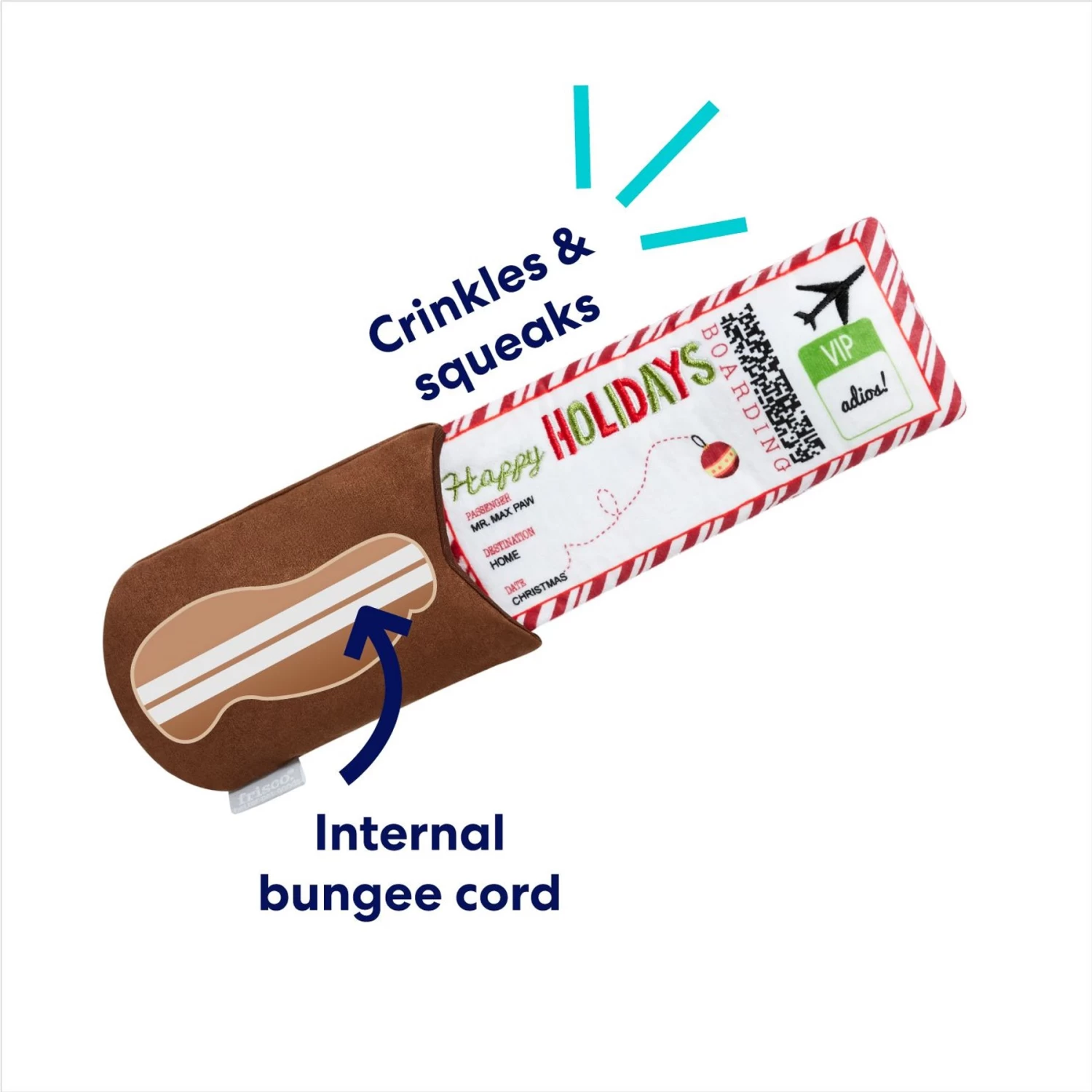 Frisco Holiday Home For The Holidays Airline Ticket Bungee Plush Squeaky Dog Toy 3 Frisco Holiday Home For The Holidays Airline Ticket Bungee Plush Squeaky Dog Toy - Image 3