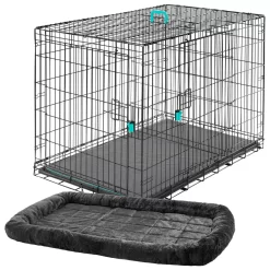 Frisco Heavy Duty Enhanced Lock Double Door Fold & Carry Wire Dog Crate & Mat Kit & MidWest Quiet Time Fleece Dog Crate Mat