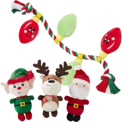 Frisco Holiday Santa's Helpers Plush Squeaky Dog Toy, 3 Count & Frisco Holiday Lights Plush With Rope Squeaky Dog Toy